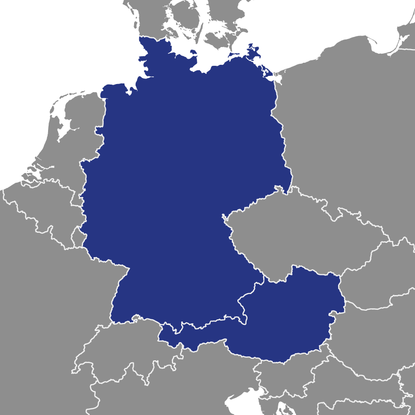Karte von Österreich und Deutschland um das Servicegebiet der Tidy Trolley Einkaufswagenreinigung darzustellen